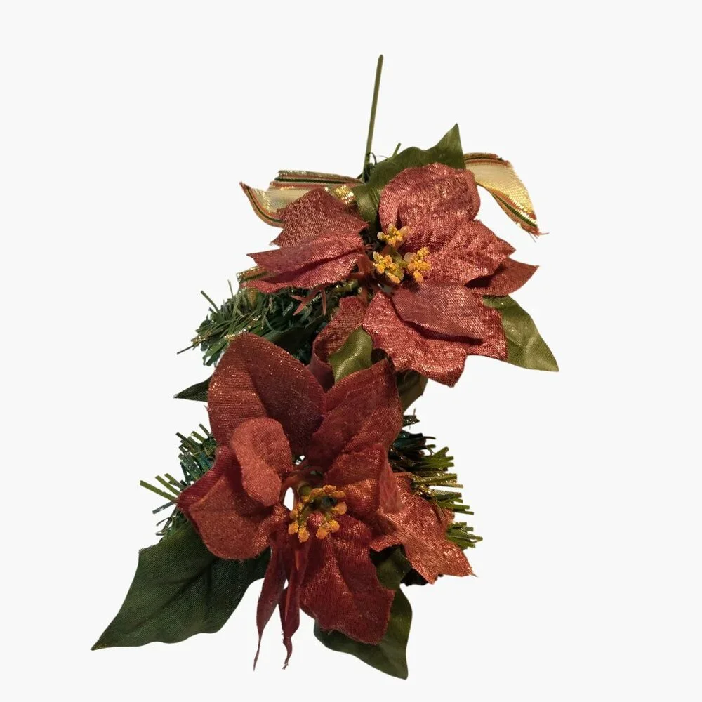 Artificial Red Poinsettia Floral Pick Glitter Gold Ribbon Trim Vtg Christmas